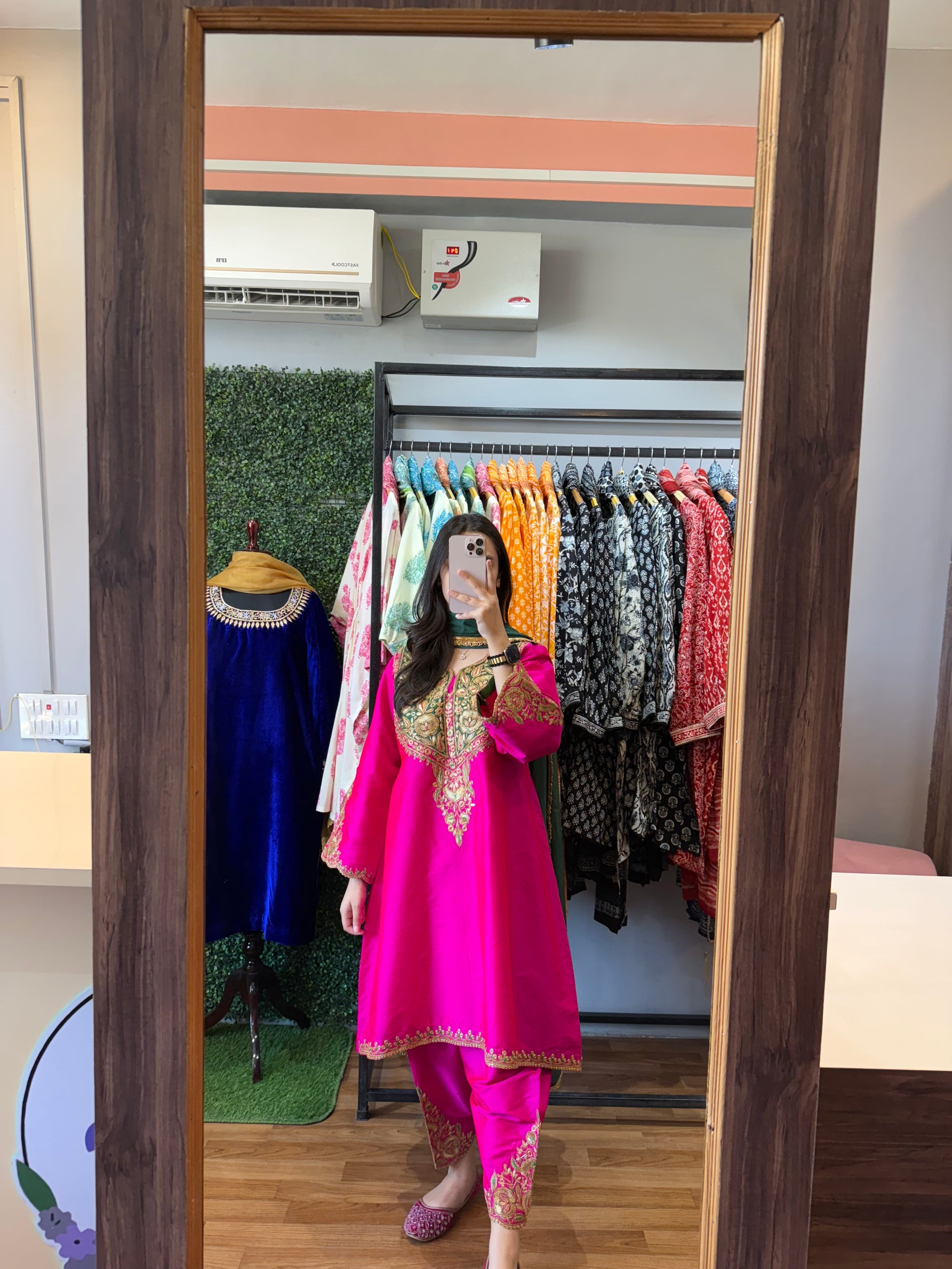 Deep Pink And Green Tilla Embroidered Suit