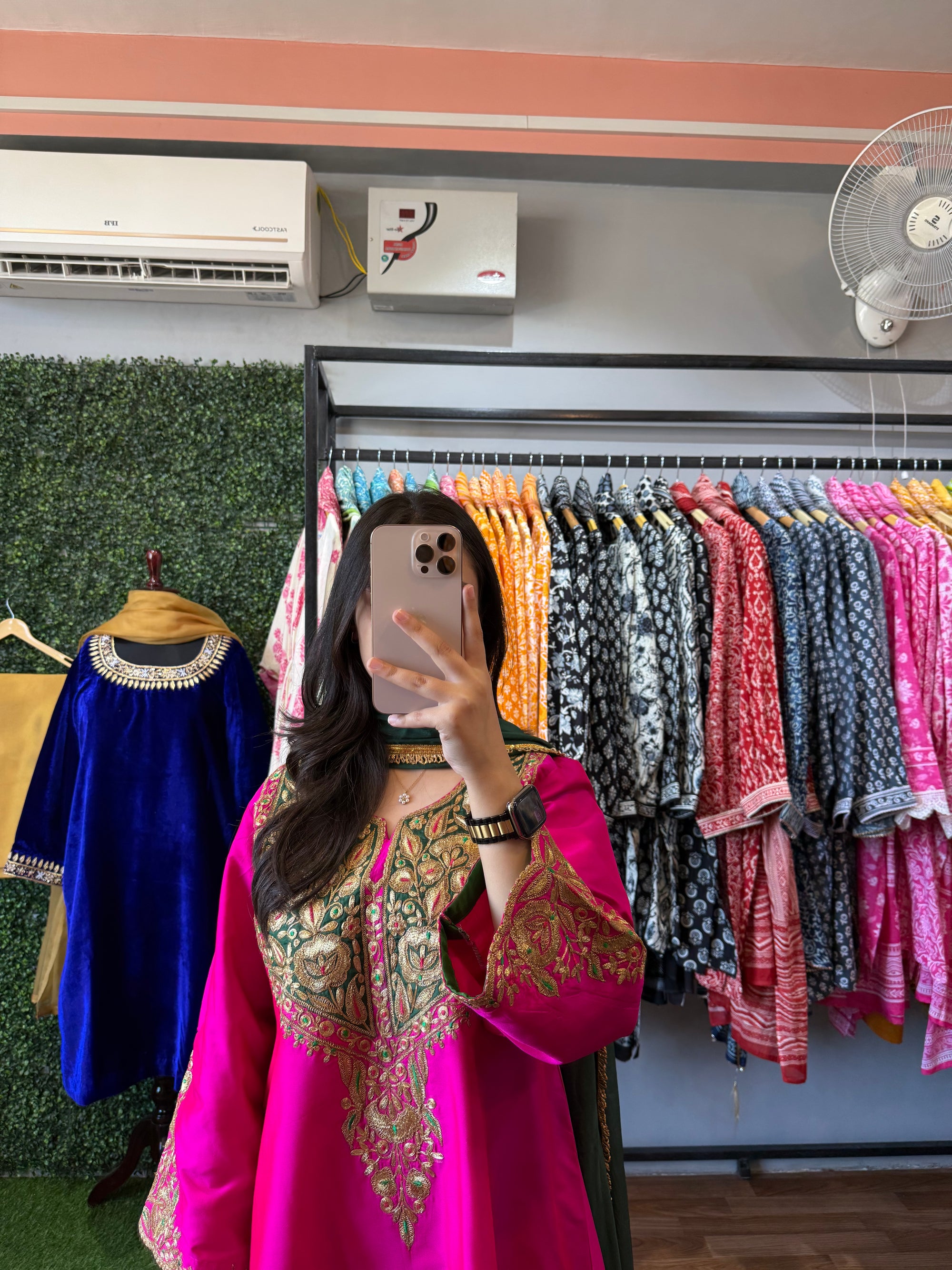 Deep Pink And Green Tilla Embroidered Suit
