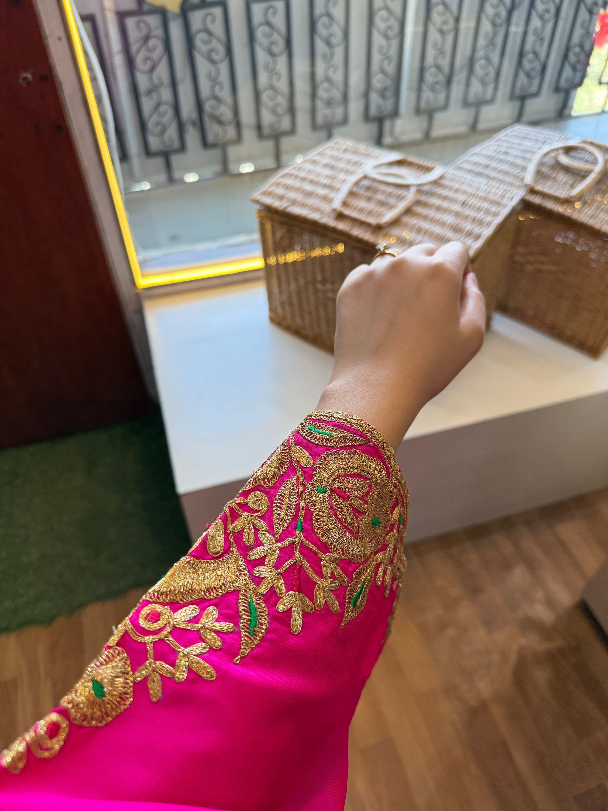 Deep Pink And Green Tilla Embroidered Suit