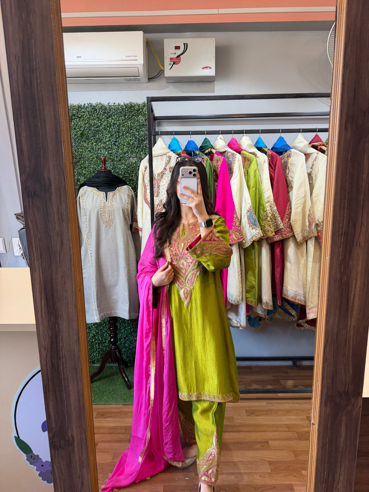 Lime Green And Rani Pink Tilla Embroidered Suit